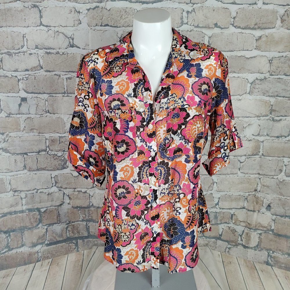 Ann Taylor Blouse Semi Sheer Floral 8P Pink Orange